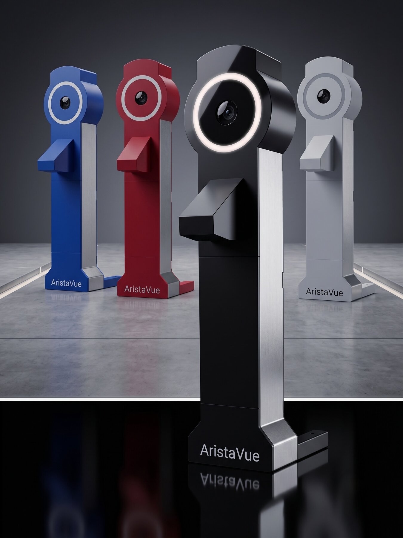 AristaVue checkout stations in four housing colors: blue, red, black, and white